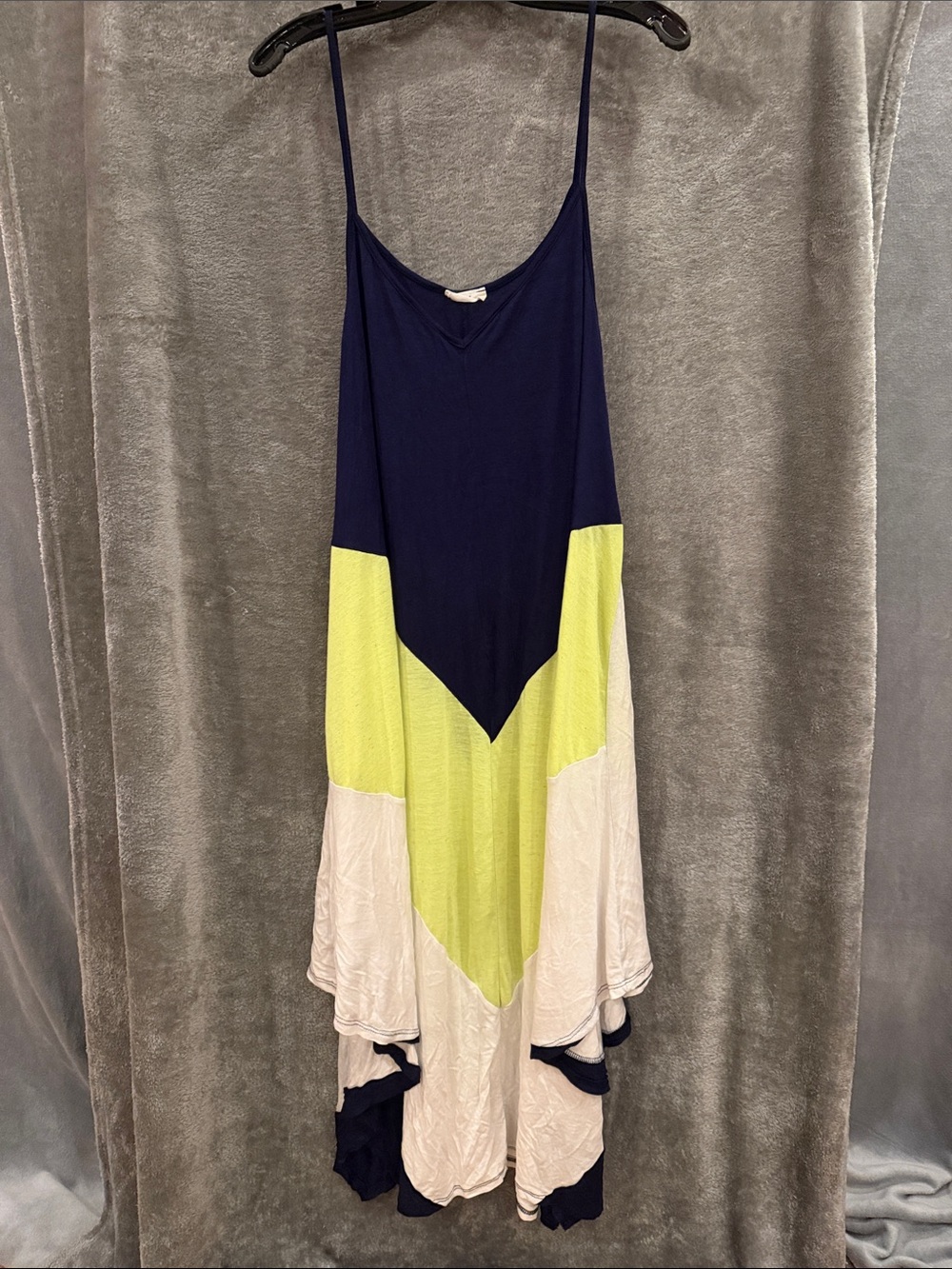 Navy, Neon Yellow & Cream Colorblock Maxi Slip Dress Handkerchief Hem NWOT 3X